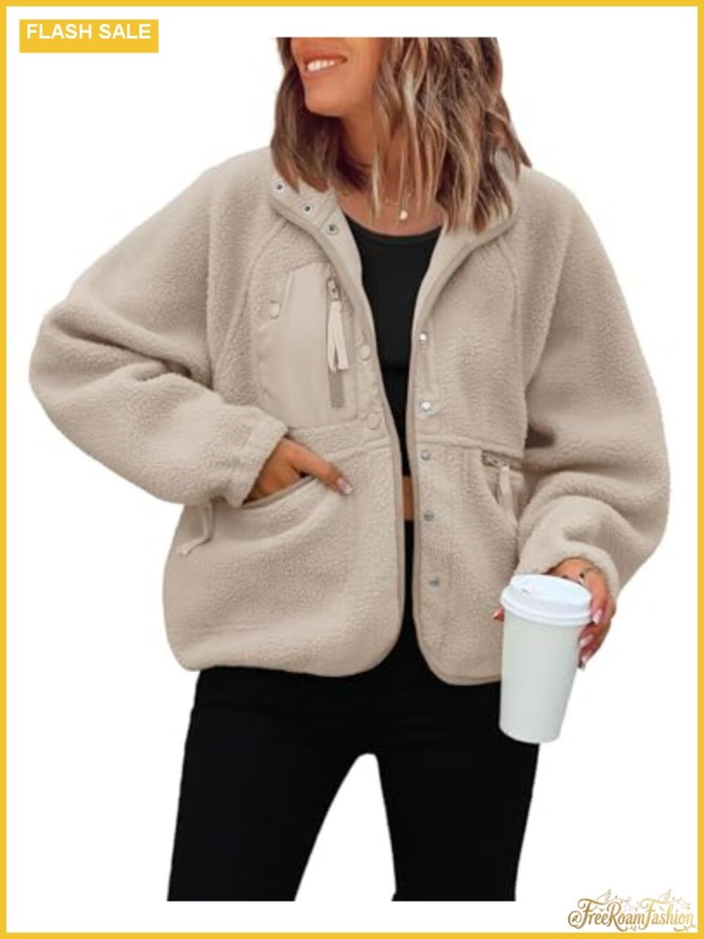 Womens Cropped Fuzzy Fleece Button Down Jacket Oversized Warm